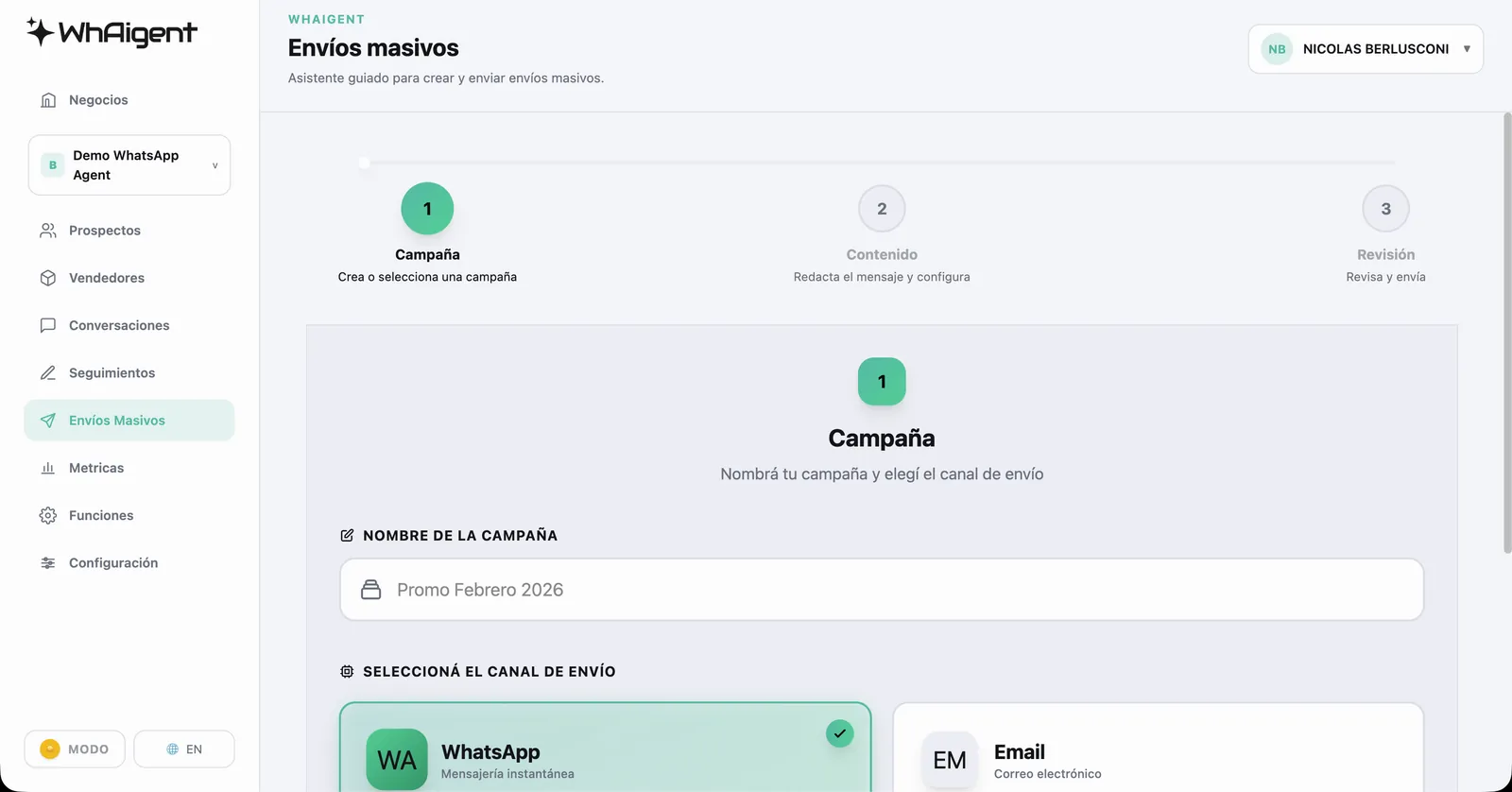 Envíos masivos de WhAIgent: wizard de campaña en tres pasos con canal WhatsApp por templates de Meta o email por SMTP