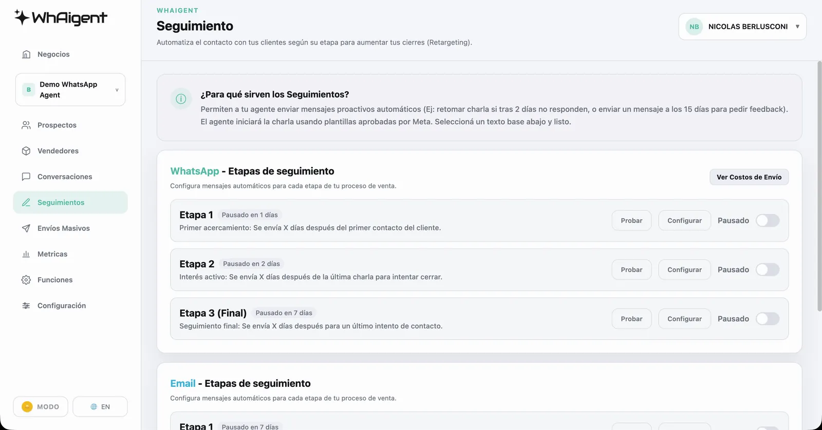 Seguimientos automáticos de WhAIgent: etapas por WhatsApp y email con demoras configurables y prueba antes de activar